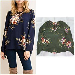 Entro Womens Sz S Criss Cross V Neck Floral Print Bell Sleeve Blouse Top Caged